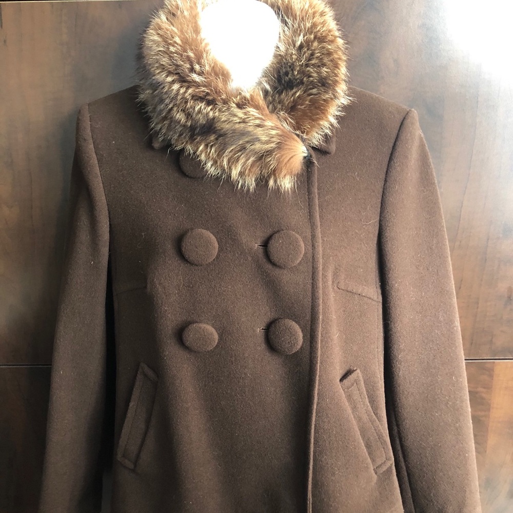 Wool pea coat with fur collar.